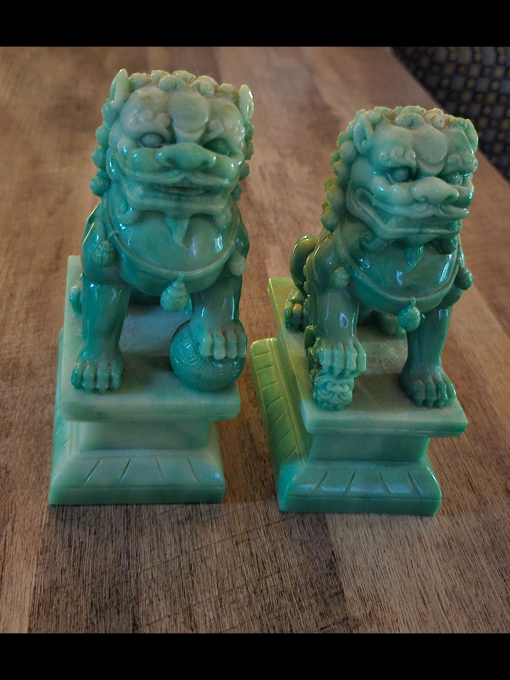 Vintage Mid-Century Faux-Jade Resin Foo Dog Bookends - Pair of Green Chinese Gua